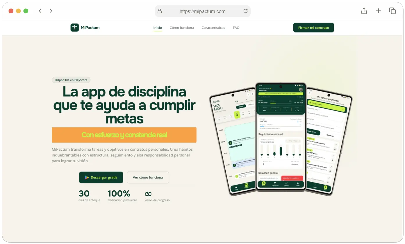 Captura de pantalla versión web del proyecto Mipactum