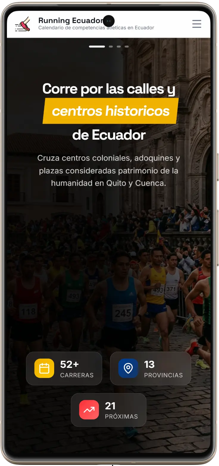Captura de pantalla versión móvil del proyecto Running Ecuador