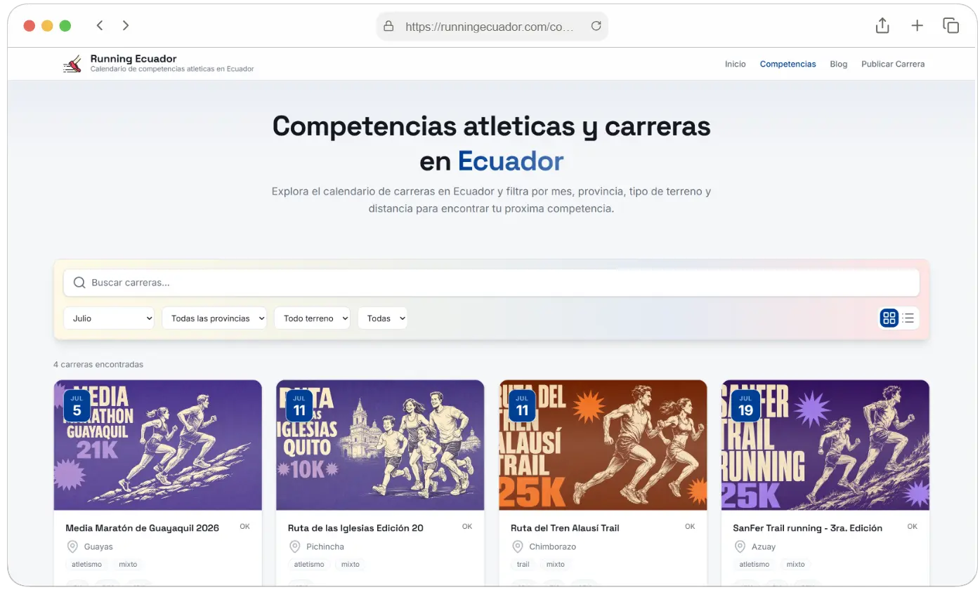 Captura de pantalla versión web del proyecto Running Ecuador